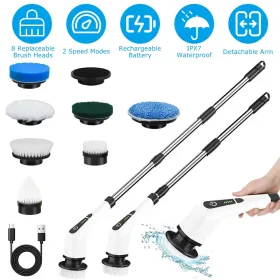 Electric Spin Scrubber Cordless Cleaning Brush Extendable With 8 Replaceable Heads 2 Speed Adjustable Extension Arm Bathroom Tub Tile Floor (Option: Silver)